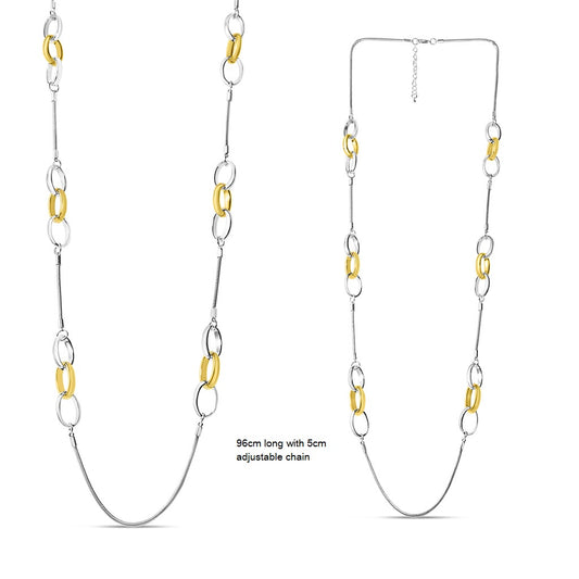 Long necklace of sectioned alloy oval links plated in gold and silver, shown as a 96cm chain