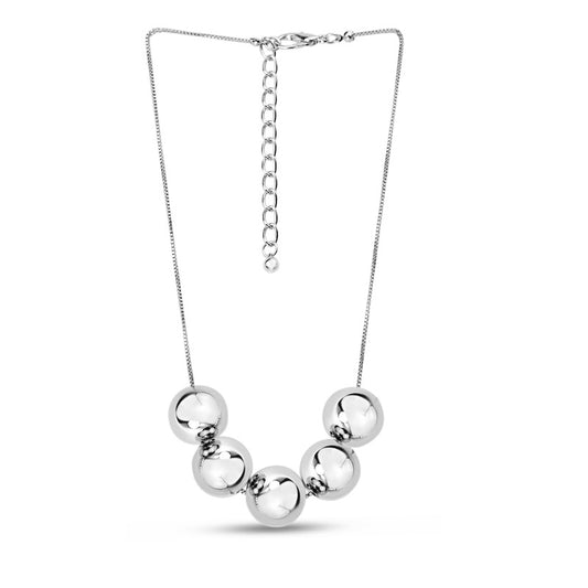 Silver necklace with five large round Shiny Rhodium beads strung evenly along a fine chain