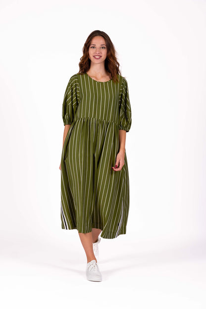 Olive green floaty dress with balloon sleeves, relaxed fit, soft full skirt and pockets