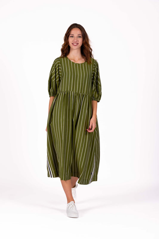 Olive green floaty dress with balloon sleeves, relaxed fit, soft full skirt and pockets