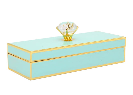 Rectangular peppermint enamel trinket box with gold edging and a crystal knob on the lid