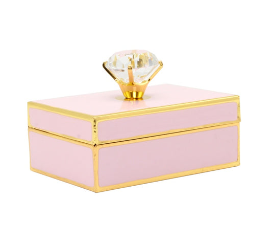 Rectangular pink enamel trinket box with gold edging and a diamond-shaped crystal knob on the lid