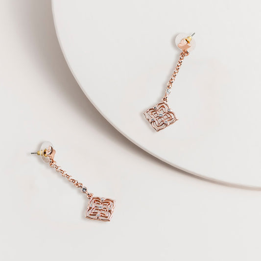 Silver filigree drop earrings with crystal drops, shown as post earrings with a delicate, lacy metal design