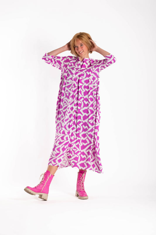 Grape Scribble rayon dress with a soft grandpa collar stand, front stitch and pleat detailing and a voluminous tulip hem