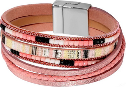Braided leather bracelet with interwoven strands and colourful beads, finished with a magnetic closure