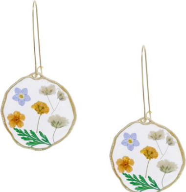 Pair of flower-shaped disc drop earrings with intricate floral detailing and a radiant, light-catching finish