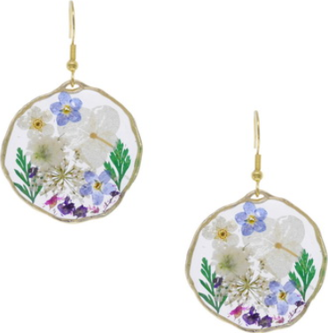 Pair of drop earrings with real pressed flowers set in clear resin and framed by a gold rim