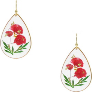 Pair of clear teardrop earrings with a pressed red flower inside each and a gold rim around the edge