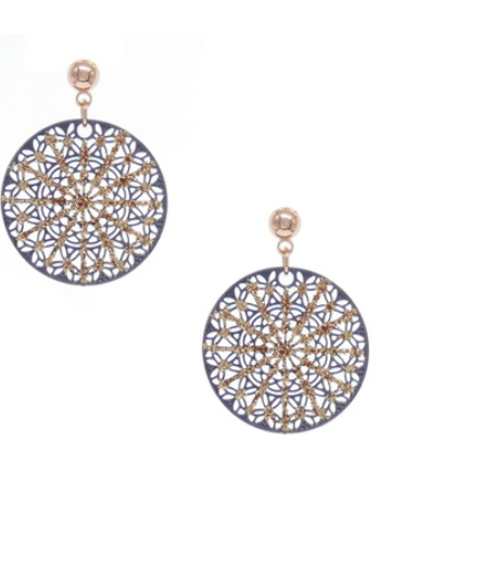 Round crystal filigree disc earrings with intricate metalwork and tiny shimmering crystals, shown in silver, black and rose gold