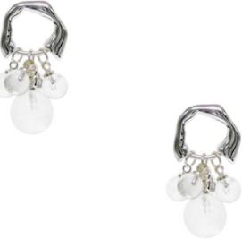 Pair of silver crinkled hoop earrings with a cluster of clear and frosted glass or shell discs and beads hanging below