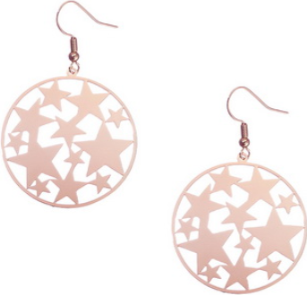 Circle earrings with cutout stars in rose gold and silver finishes, with a shimmering metallic surface