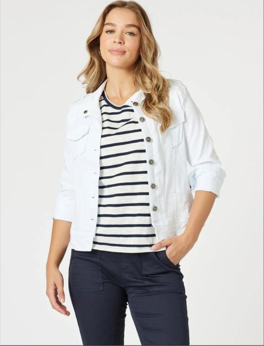 Soft-washed cotton denim military jacket with fringe yoke detail, Nehru collar, snap fastener and bronze hardware