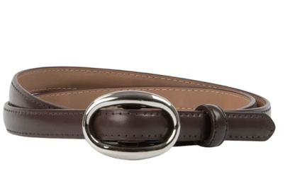 Slim brown and black leather belt with a silver clasp, 1.4 cm wide, shown from the Chicago Leather Belt range