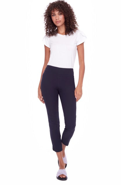 Navy and black Up! Precision Ponte pull-on pants with a smooth elastic waistband and a slim, tailored leg