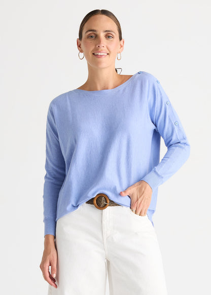 Boat neck top in bluebell with striped sleeves and a four-button opening, in a soft cotton, silk and nylon blend