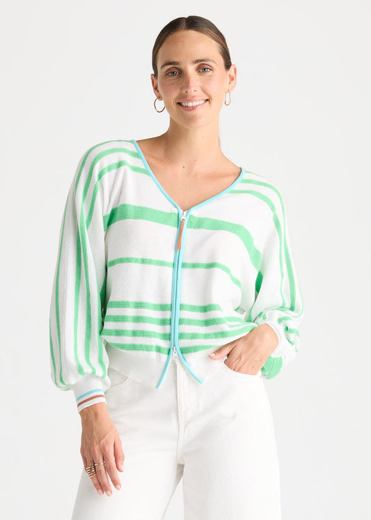 Zip-up V-neck cotton cardigan in sea and white with contrasting colour down the front and on the cuffs