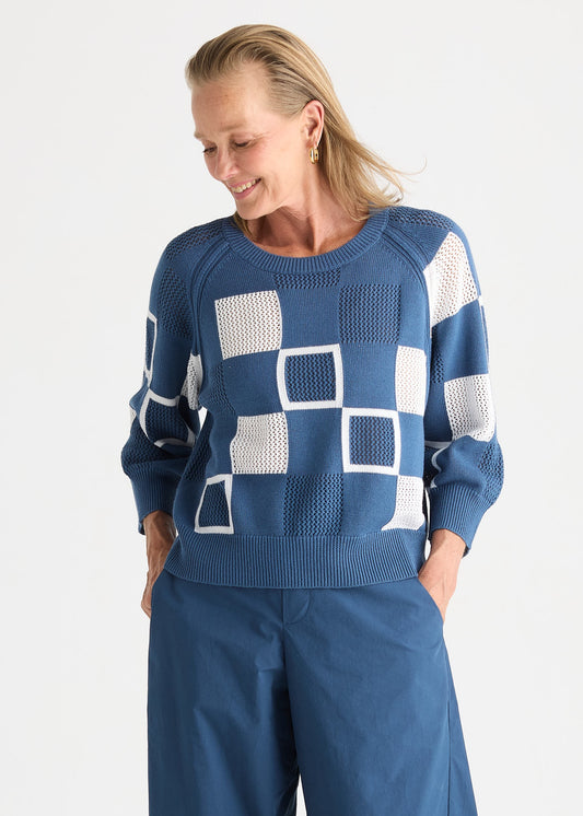 Pointelle cotton top with three-quarter sleeves and contrast square patches on the front and sleeves