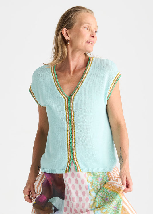 Seamist cotton tank top with V-neckline, green and mustard crochet trim down the centre and crochet-trimmed cap sleeves