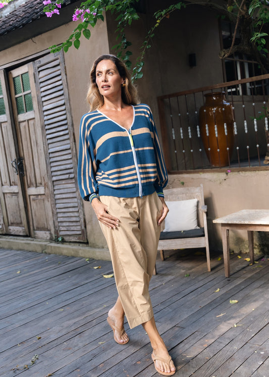 Barrel leg cotton pants in Peanut Butter and Ocean with a smooth front waistband and tapered hem
