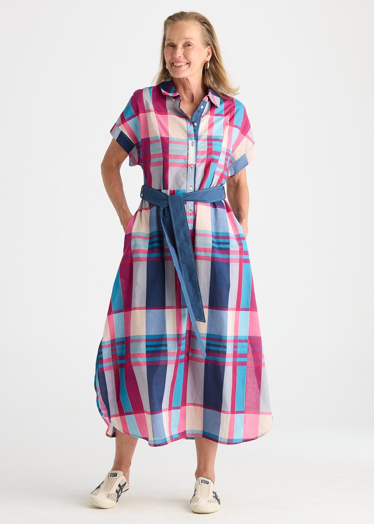 Eclipse checked cotton shirt dress with a rounded hemline and a belt with contrast stitching cinching the waist