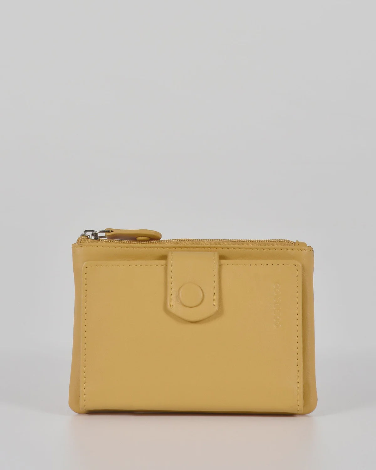 Gabee Collins compact leather wallet, wider than it is tall, with a zip pocket and a key chain attached