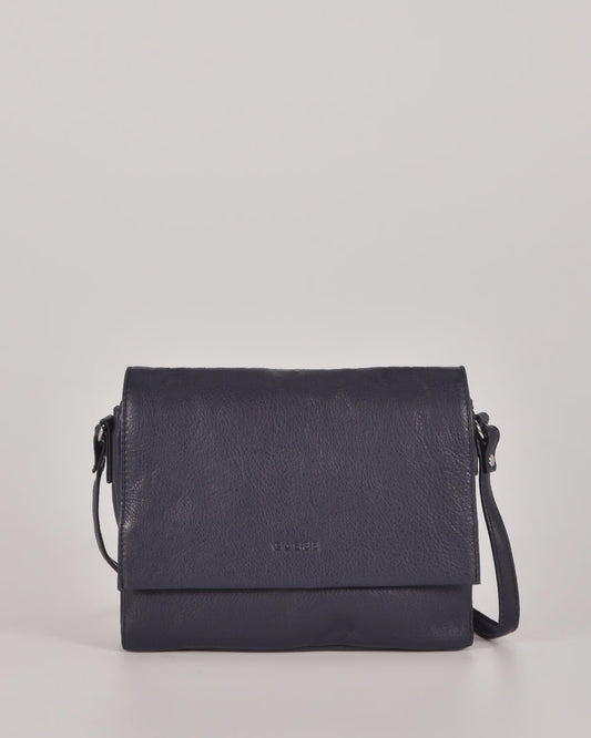 Gabee Eloise leather shoulder bag with snap closure, silver hardware and a fine adjustable strap, shown in navy