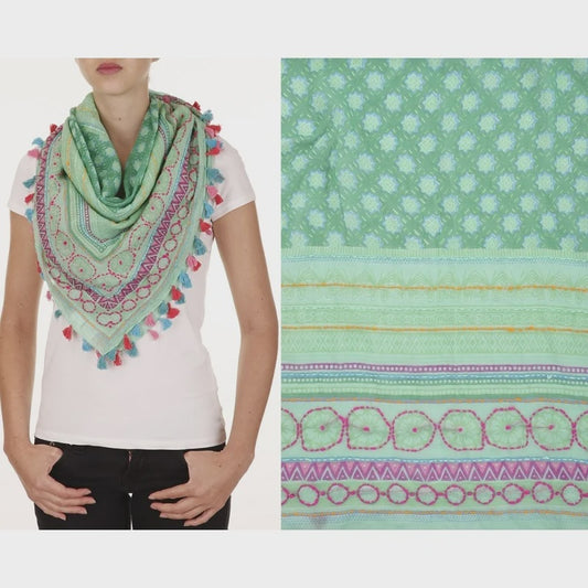 Square cotton scarf with intricate embroidery in bright, colourful spring tones, shown flat with textured stitching visible