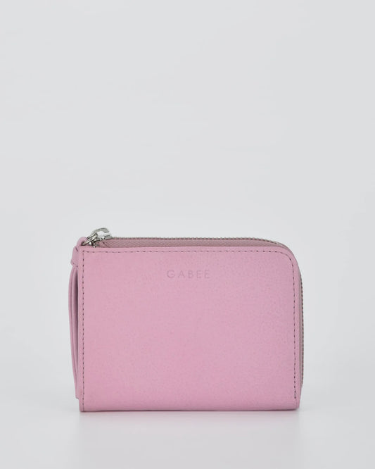 Gabee Emmi leather wallet with wraparound zip, shown in pink, indigo, navy and camel natural grain leather