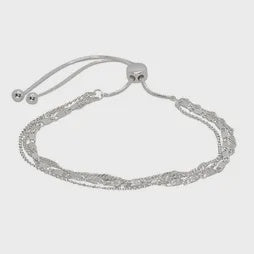 Silver tri-layer slider bracelet with three intertwined strands and an adjustable slider fastening