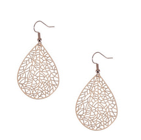 Pair of rose gold filigree teardrop drop earrings with delicate lacy openwork detail