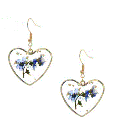 Pair of gold and blue flower heart drop earrings from So You! Jewellery