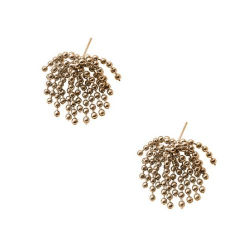 Pair of post earrings with a fan of shimmering polished metallic ball-chain strands