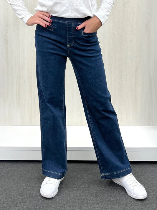 Dark denim pull-on wide leg jeans from Threadz, shown with a relaxed, flowing leg