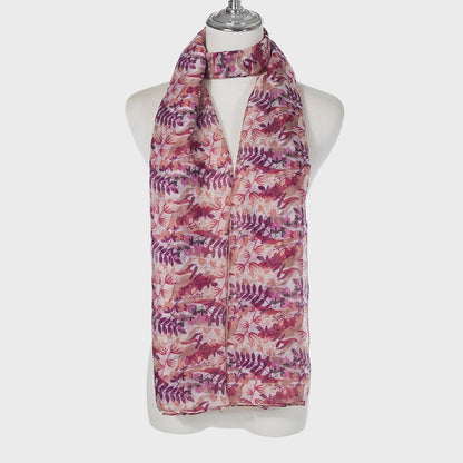 Muted floral scarf in soft red, green and coffee tones, made from lightweight viscose