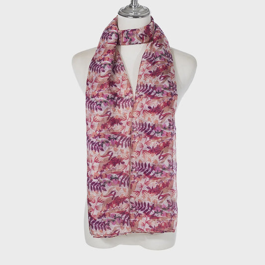 Muted floral scarf in soft red, green and coffee tones, made from lightweight viscose