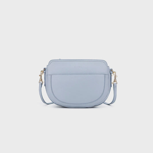 Paris crossbody bag in dark olive, chambray and lilac PU with gold hardware, zip closure and front flat pocket