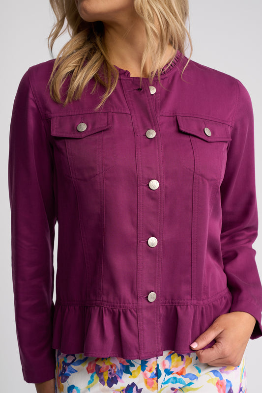 Plum Tencel Sawyer jacket by Vassalli with small frills on the collar and hemline and two pockets on the chest