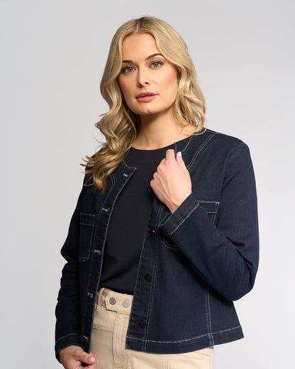 Fitted Vassalli cable jacket in Ink Denim with contrast stitching and a rounded neckline