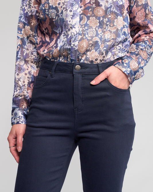 Slim-fit full-length carbon column pants in a cotton Tencel blend, shown from the waist down