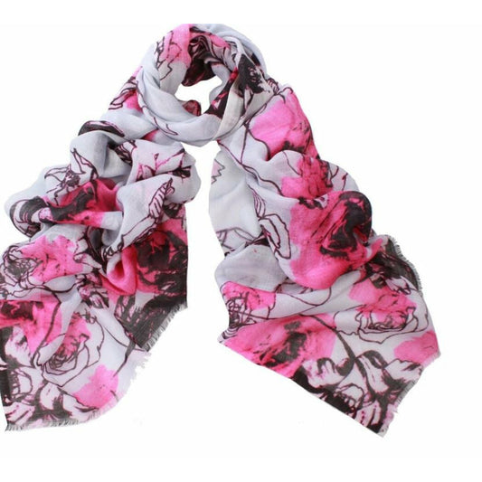 Pink, charcoal and pale blue abstract floral wool and silk scarf by D)Lux, spread out to show the bold flower print