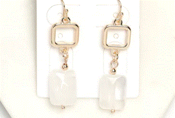 Pair of drop earrings with a small clear glass square stone in shiny plated alloy, hanging from fishhook fittings