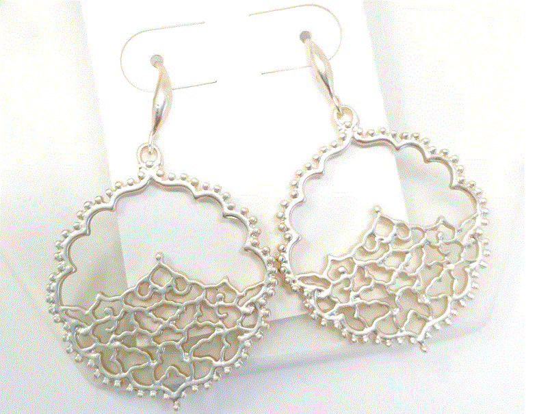 Matt gold lace-style drop earrings on hooks, 3.5cm wide with a 5.5cm drop, also available in silver and rose gold