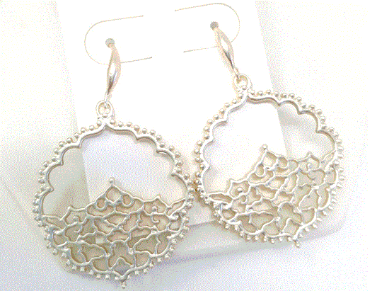 Matt gold lace-style drop earrings on hooks, 3.5cm wide with a 5.5cm drop, also available in silver and rose gold
