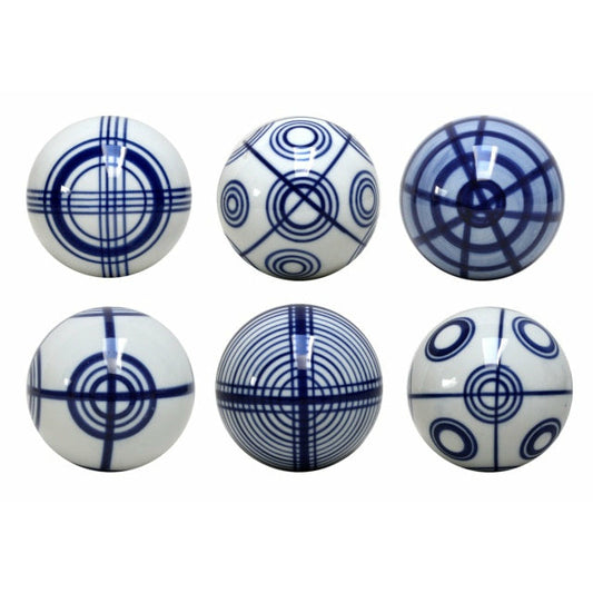 Blue and white geometric decorative balls in six different patterns from Jonglea