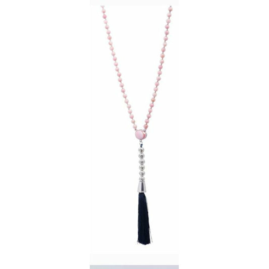 Colourful beaded statement necklace with a short section of silver beads above a pink tassel