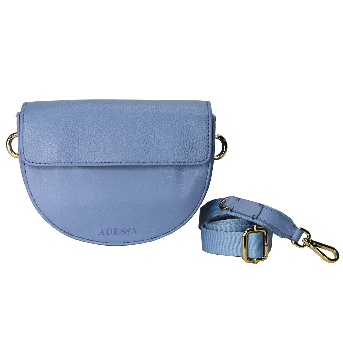 Small genuine leather crossbody bag with magnetic flap closure and removable adjustable strap, shown in a soft colour