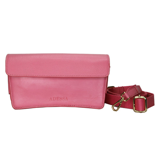 Adessa Biella genuine leather crossbody bag and clutch with magnetic flap closure, shown in a bright colour with a removable strap