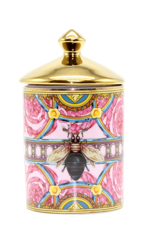 14cm pink jar candle with a bee design on the jar