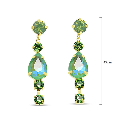Pair of pierced drop earrings with green glass stones set in metal, shown in a green tone finish