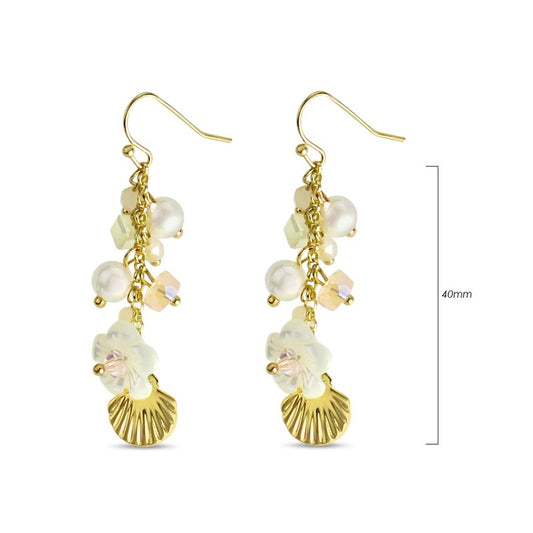 Pair of freshwater pearl and bead drop earrings with a gold-tone metal scallop shell charm at the bottom of each